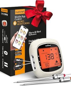 NutriChef Bluetooth Meat Thermometer for Grilling and Smoking, up to 6 Temperature Probes and Smart APP, 400 Ft Range, LCD