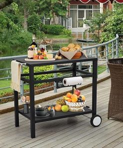 Portable Outdoor Table Stainless Steel Grill Cart with Double Shelves, 4 Wheels & Side Hooks – Outdoor BBQ Prep Table, Pizza Oven Stand for Patio, Garden, Camping – Iron. 2
