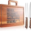 Fathers Day Grilling Gifts for Men Dad Husband，15.8" Acacia Wood Large Grilling Cutting Board with Carving Knife and fork Set，Grill BBQ Gifts for Men，Father's Day Cooking Gift Grill Master Presents