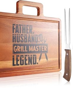 Fathers Day Grilling Gifts for Men Dad Husband，15.8" Acacia Wood Large Grilling Cutting Board with Carving Knife and fork Set，Grill BBQ Gifts for Men，Father's Day Cooking Gift Grill Master Presents