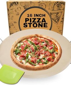 16 inch Round Pizza Stone for Oven - Large Pizza Stone for Grill with Handles and Dough Tool - Round Baking Stone for Bread - Pizza Making Accessories - Cooking Gifts for Food Lovers