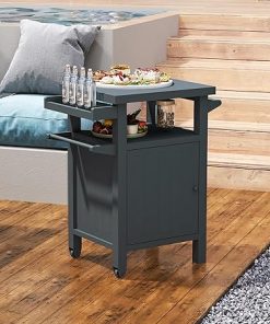 Domi Grill Carts Outdoor with Wheels, Metal Portable Table with Storage Cabinet for Outside,BBQ Cart Prep Table for Deck,Patio,Backyard(Gray)