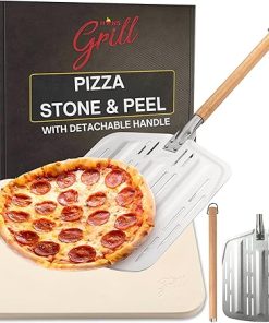 Hans Grill Pizza Stone PRO XL Baking Stone For Pizzas use in Oven, Grill or BBQ FREE Long Handled Anodised Aluminium Pizza Peel | Rectangular Stone 15 x 12" Inches | For Pies, Pastry, Bread, Calzone
