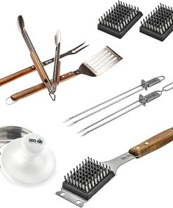 BBQ-AID Master Grill Set - 9 Piece Bundle - Featuring Grill Brush, Burger Press, Skewers, Replacement Heads, Spatula, Tongs, and Fork