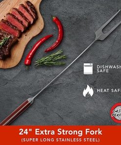 Grill Fork 24-inch Super Long for Grilling Barbecue Griddle and Fire Pit Extra Strong Curved Neck Premium Hardwood Handle Large Stainless Steel Tines for BBQ Outdoor Kitchen and Grilled Food 2