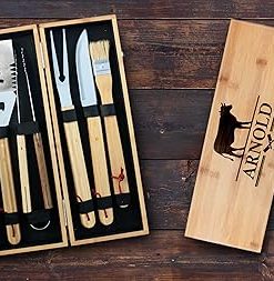 Personalized BBQ Grill Set for Dad | 5 Piece Bamboo BBQ Set in Case | BBQ Set with Custom Engraved Bamboo Case | Gift for Him | Gift for Dad