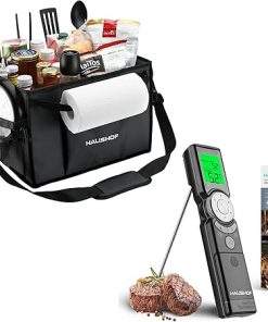 HAUSHOF Barbecue Tool Set with Meat Thermometer – 4 Piece Picnic Caddy in Gray Oxford Cloth & PP 2