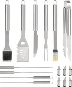 The Great Outdoor 23 Piece Stainless Stainless Steel Grilling Accessories Set Complete Tool Kit with Scraper, Brush, Meat Knife, Skewers & More