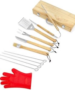 Makerflo 11 Pcs BBQ Grill Accessories Set Barbecue Maple Wood Toolbox Stainless Steel Grill Utensils | Camping Grilling Rust Free Portable Kit Ideal for Craft- Laser Engraving Epoxy, UV DTF, Vinyl 2