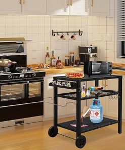 Black Outdoor Grill Cart Table with Wheels, Movable BBQ Food Prep Table, Pizza Oven Worktable,Kitchen Dining Cart with Wheels, Food Prep Table Grill Stand for Outside BBQ 112 x 59 x 82CM