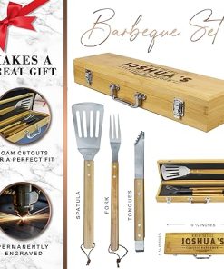 Engraved Grill BBQ Gifts Set for Dad Father Him – Custom Barbecue Personalized Grilling Set with Tools (Bamboo Wood Laser Engraved) 2
