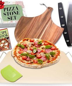 Pizza Stone for Oven and Grill Set - 5PCS Pizza Making Accessories Kit - 15 inch Pizza Stone with Handles, Pizza Peel, Pizza Cutter, Dough Tool - Baking Stone for Bread - Large Rectangular Oven Stones