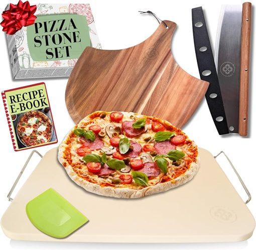 Pizza Stone for Oven and Grill Set - 5PCS Pizza Making Accessories Kit - 15 inch Pizza Stone with Handles, Pizza Peel, Pizza Cutter, Dough Tool - Baking Stone for Bread - Large Rectangular Oven Stones