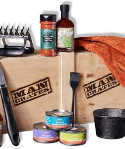 Man Crates Pit Master Barbecue Crate – The Ultimate BBQ Gift for Men – Includes Meat Claws, Barbecue Rub, Sauces, Leather Gloves & More – Ships in A Sealed Wooden Crate with A Laser-Etched Crowbar