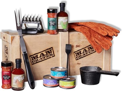 Man Crates Pit Master Barbecue Crate – The Ultimate BBQ Gift for Men – Includes Meat Claws, Barbecue Rub, Sauces, Leather Gloves & More – Ships in A Sealed Wooden Crate with A Laser-Etched Crowbar