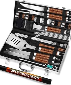 ROMANTICIST 30pcs BBQ Grill Tool Set for Men Dad, Heavy Duty Stainless Steel Grill Utensils Set, Non-Slip Grilling Accessories Kit with Thermometer, Mats in Aluminum Case for Fathers Day Brown