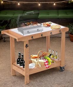 Movable Outdoor Grill Table Cart, 43" x 33" Pizza Oven Table with Wheels, Stainless Steel Top BBQ CartPrep Table for Outside
