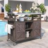 50.25" Outdoor Kitchen Island with Rolling Bar Cart & Storage Cabinet, Farmhouse Solid Wood Grill Table with Stainless Steel Top, Spice Rack & Towel Rack for Kitchen & BBQ (Dark Brown)