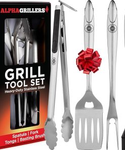 Alpha Grillers BBQ Grilling Accessories - Fathers Day Gifts for Dad - Heavy Duty Barbecue Grill Tools Utensils Set for Outdoor Grill with Spatula, Fork, Brush, Tongs Grilling Gift for Men Him Husband