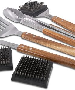 BBQ-AID Pro Grill Set - 6 Piece Bundle - Featuring Grill Brush, Replacement Heads, Spatula, Tongs, and Fork