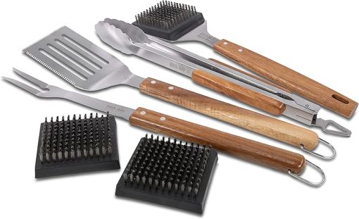 BBQ-AID Pro Grill Set - 6 Piece Bundle - Featuring Grill Brush, Replacement Heads, Spatula, Tongs, and Fork