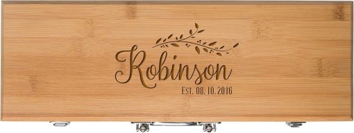 Personalized Housewarming Family Established Date Gift for Dad Custom Engraved 3pcStainless Steel Barbecue Gift Set for Outdoor Grills (Bamboo)