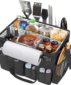 Large Grill Utensil Caddy with Paper Towel Holder, Outdoor Picnic Bag Organizer for BBQ Supplies Tool, Tailgating Accessory Basket Camping Gear Must Haves for Cook Essentials, Black, Bag Only