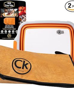New LARGE Collapsible BBQ Prep Tub with LOCKING LID & BBQ Bag for Resting Meat - BPA Free Foldable Cutting Board with Leak Free, Strong Drain Hole for Meal Prep, Marinating, & Food Storage (Orange)