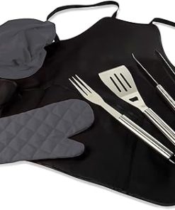 ONIVA - a Picnic Time Brand BBQ Apron Tote Pro Grill Set, Heavy Duty BBQ Apron for Men with BBQ accessories, Cooking Apron with BBQ tools, (Black with Gray Accents)