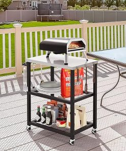 Byroce Grill Cart, 3-Shelf Outdoor Prep Table for Grill with Stainless Steel Top, 9 Hooks & Wheels, Movable Food Cooking and Pizza Oven Stand Table, Grill Table for Party BBQ Patio 2