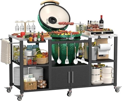 65”L x 23.6”D x 33.1”H Outdoor Grill Cart for Large Big Green Egg, Movable Grill Table with Steel Tabletop, Food Prep Station with Storage, Pizza Oven Stand with Wheels for Patio, Kitchen