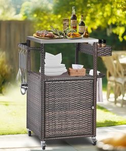 Grill Cart Outdoor with Wheels Outdoor Prep Table Grill Station with Storage Outdoor Kitchen Island Serving Cart with Stainless Steel Table Top BBQ Storage Cabinet for Outside Wicker Bar Cart Brown