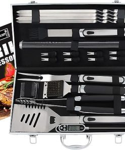 ROMANTICIST 21pc BBQ Grill Accessories Set with Thermometer - The Very Best Grill Gift on Birthday Wedding - Heavy Duty Stainless Steel Grill Utensils with Non-Slip Handle in Aluminum Case