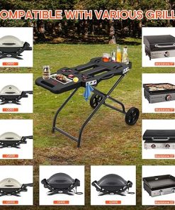 QuliMetal Portable Grill Cart for 17″ & 22″ Blackstone Griddles and Weber Q1000, Q1200, Q2000, Q2200 Series Grills – Durable, Foldable Cart Table with Wheels Hooks，BBQ Prep Table with Seasoning Tray 2