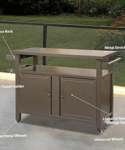 Outdoor Grill Cart Metal Storage Cabinet with Wheels, Ample Storage Space for BBQ, Kitchen, Dining, and Patio Use, Brown 2