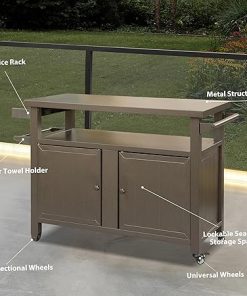 Outdoor Storage Grill Cart with Wheels, Metal Cooking BBQ Table for Patio, Kitchen Island, and Home Party, Brown 2
