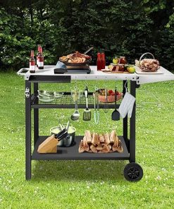 EDOSTORY Outdoor Grill Cart Pizza Oven Stand, Three-Shelf Stainless Steel Food Prep Table Patio BBQ Grill Table Bar Cart Kitchen Island with Wheels 2