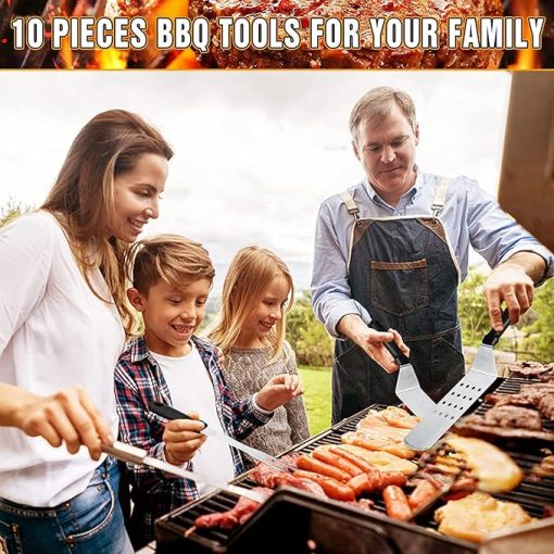 Grilling Accessories BBQ Grill Tools Set, 10PCS Stainless Steel Grilling Kit for Smoker, Camping, Kitchen, Barbecue Utensil Gifts for Men Women with Spatula, Scraper, Bottle - Image 2