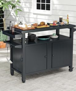 Grill Cart Outdoor with Storage Cabinet, Portable Rolling Patio Bar Cart with Wheels, BBQ Prep Table, Movable Stainless Steel Kitchen Island Dining Cart for Food/Drink/Cooking -Grey