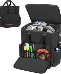 Boat Grill Storage Bag Compatible with Magma Marine Kettles, Grill Cover Carrying Case with 4 Side Pockets for 1lb Propane Cylinders, Padded Handle and Shoulder Strap, Tools Pockets, Black