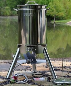 Bayou Classic 200-440 44-qt Stainless Turkey Fryer Kit Features 44-qt Stockpot w/Lid Poultry Rack & Lift Hook 14-in Tall Stainless Cooker Frame w/ 4-in Cast Aluminum Burner 2
