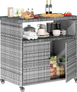 U-MAX Outdoor Prep Table for Grill Wicker Outdoor Bar Cart with Storage Cabinet Kitchen Island Outdoor Grill Table Cart for Patio Outside Backyard Bar, BBQ Serving Cart Cooking Grilling Station