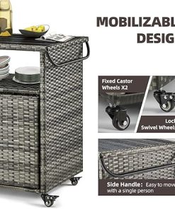 U-MAX Outdoor Prep Table for Grill Wicker Outdoor Bar Cart with Storage Cabinet Kitchen Island Outdoor Grill Table Cart for Patio Outside Backyard Bar, BBQ Serving Cart Cooking Grilling Station 2
