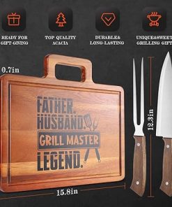 Fathers Day Grilling Gifts for Men Dad Husband，15.8″ Acacia Wood Large Grilling Cutting Board with Carving Knife and fork Set，Grill BBQ Gifts for Men，Father’s Day Cooking Gift Grill Master Presents 2