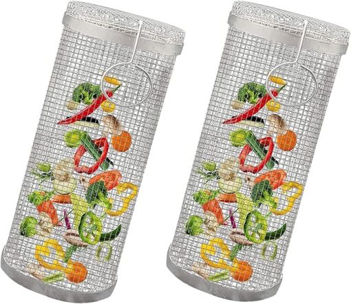 Rolling Grilling Basket, Stainless Steel Wire Mesh Cylinder Grill Basket, Portable Outdoor Camping BBQ Rack for Fish, Shrimp, Vegetables, Barbeque Griller Cooking Accessories,3 PACK,30CM