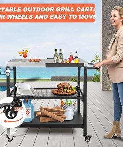 Stainless Steel Outdoor Grill Cart with 3-Tier Shelves & Lockable Wheels | Heavy-Duty Pizza Oven Stand & Prep Table for Patio | Movable BBQ Workstation with Tool Hooks & Paper Towel Holder 2