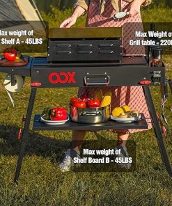 OOX Portable Grill Table with Double-Shelf for Outdoor Prep,Folding Grill Stand Fits Blackstone Griddle 17 Inch 22 Inch, Tabletop Propane Gas Grill Cart, Camping BBQ Cooking, Stainless Steel, Black 2