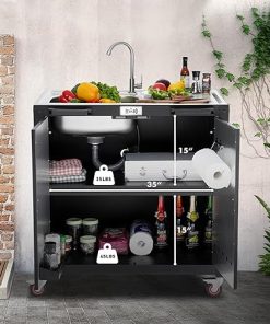 Freestanding Grill Cart with Sink and Cabinet, Movable Outdoor Cart Table with 304 Stainless Steel Sink, Outdoor Grill Cart,Outdoor Grill Station with Wheels, L35.4” x W24” 2
