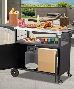 Outdoor Grill Cart with Storage Movable Grill Cart Outdoor Kitchen Island Pizza Oven Table Food Prep Table with Wheels Storage Cabinet for Outside Patio Backyard Garden 2