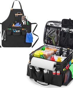 Large Grill Caddy & Professional BBQ Grilling Apron, BBQ and Picnic Bag Organizer with Lid & Paper Towel Holder & Utility Work Apron for Men & Women with Multiple Pockets for Barbecue Tools